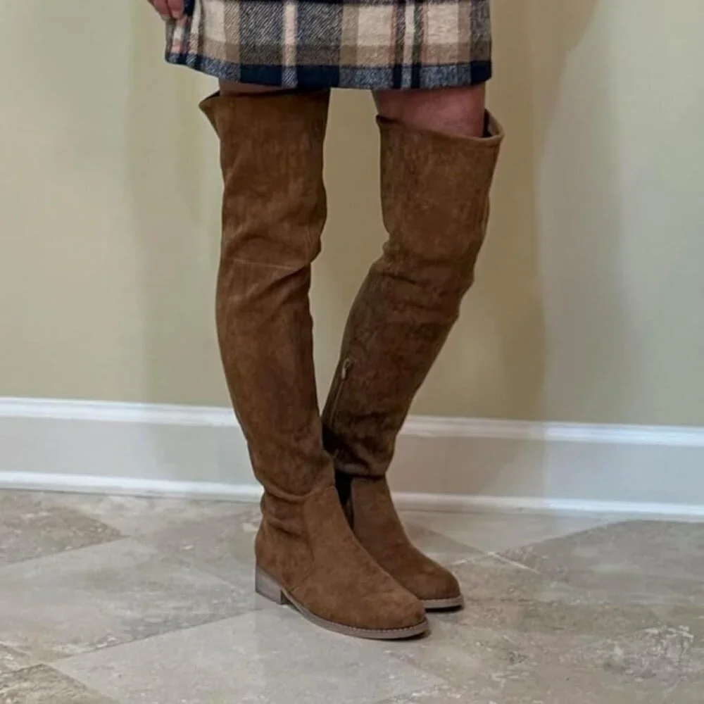 🆕Women's Brown Over The Knee Boots Thigh High Low Block Heel Pointed Toe Boots